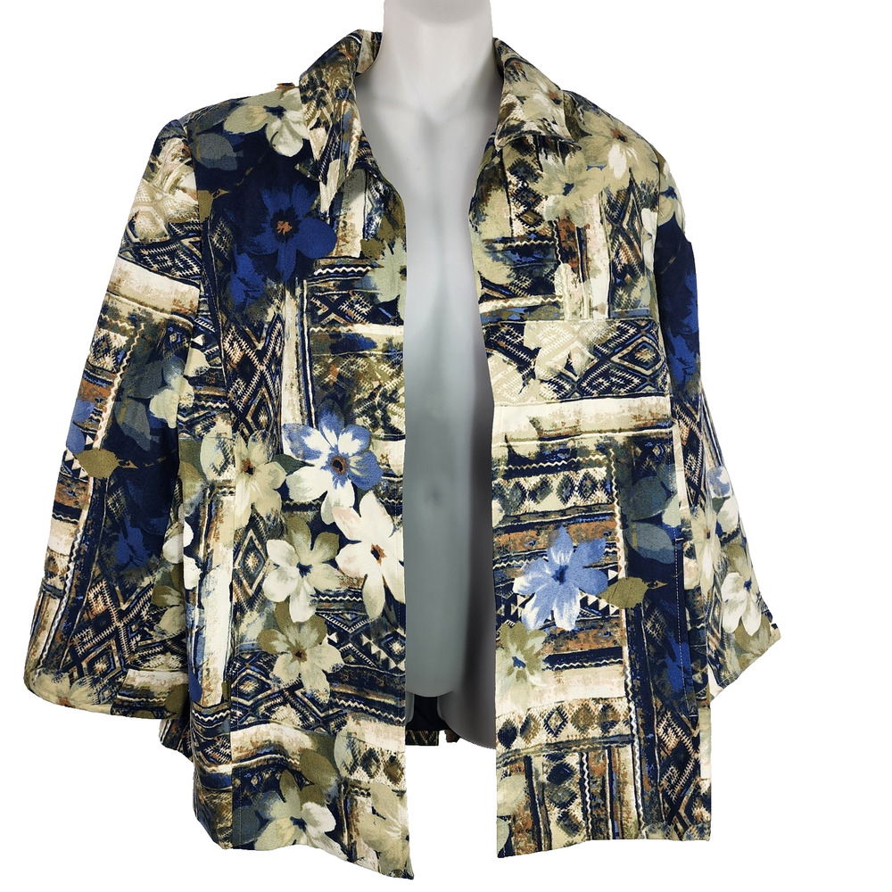 Alfred Dunner Womens Blazer Jacket Size 14 Floral Lined Blue Pockets 3/4 Sleeve